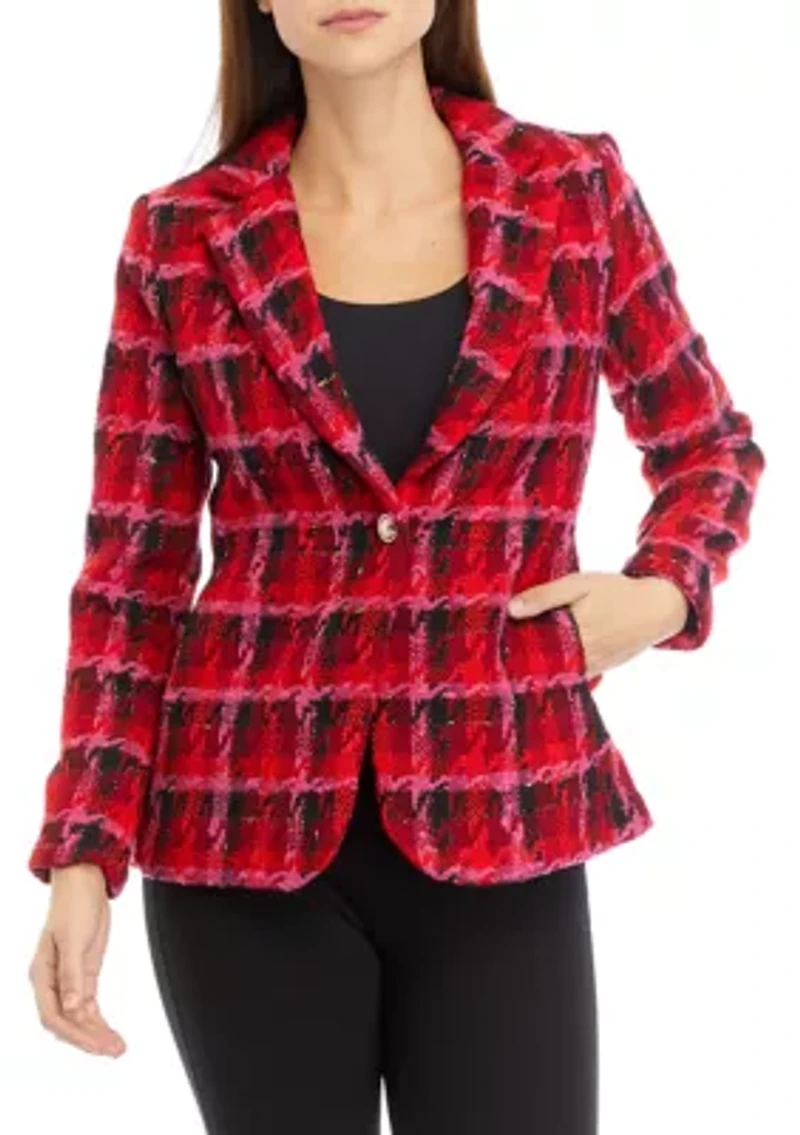 Women's Plaid Tweed One Button Blazer