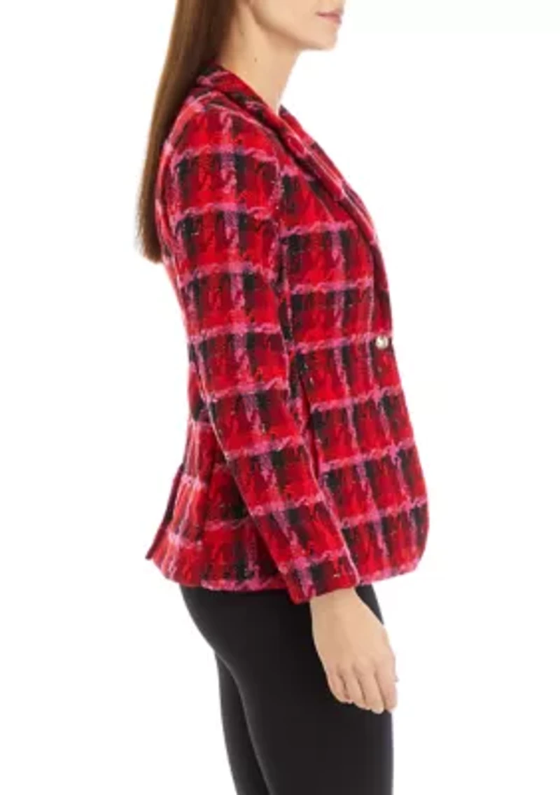 Women's Plaid Tweed One Button Blazer