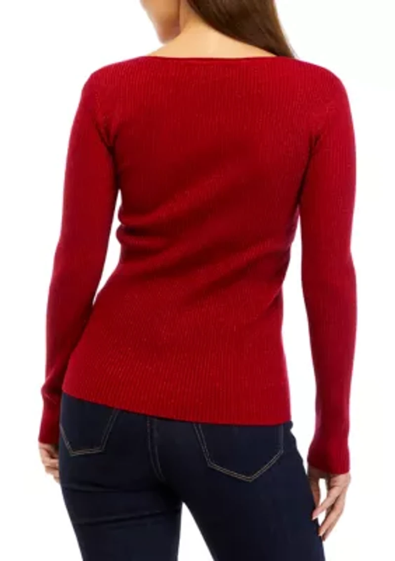 Petite Long Sleeve Asymmetrical Neck Ribbed Sweater