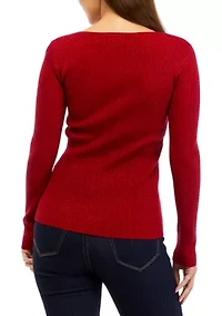 Petite Long Sleeve Asymmetrical Neck Ribbed Sweater