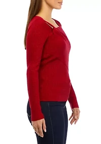 Petite Long Sleeve Asymmetrical Neck Ribbed Sweater