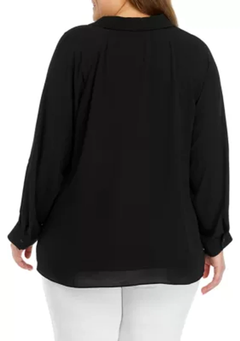 Plus 3/4 Sleeve Collared Blouse