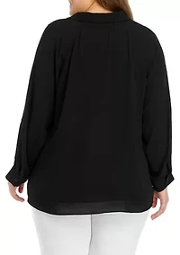 Plus 3/4 Sleeve Collared Blouse
