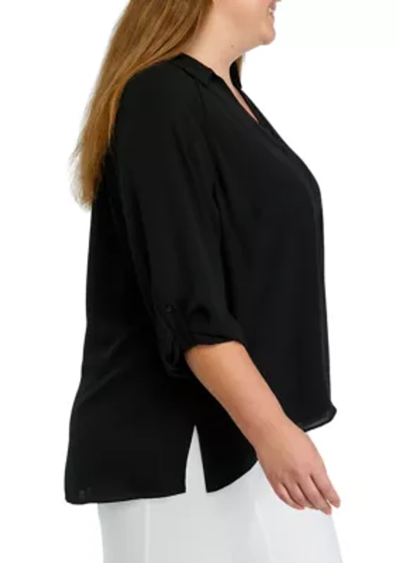 Plus 3/4 Sleeve Collared Blouse