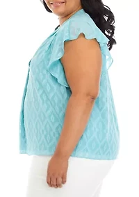 Plus Split Neck Flutter Sleeve Blouse