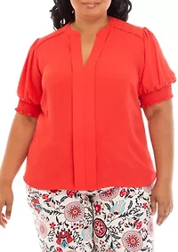 Plus Elbow Sleeve Split Neck Blouse