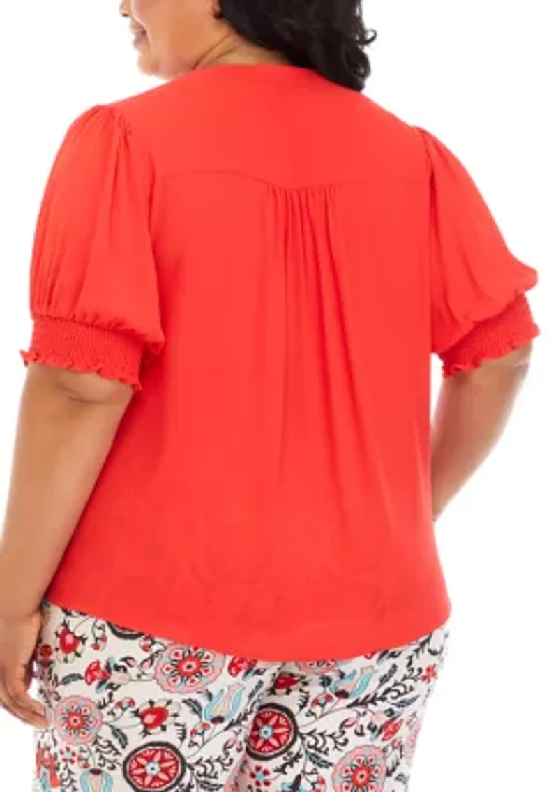 Plus Elbow Sleeve Split Neck Blouse