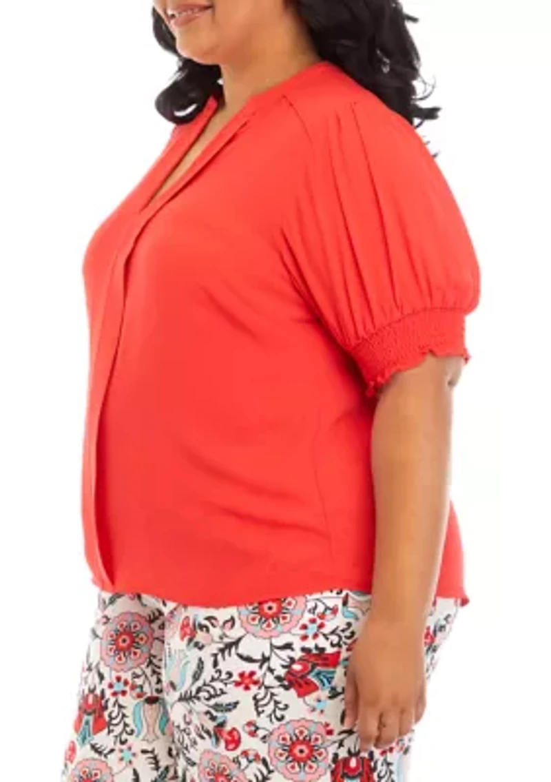 Plus Elbow Sleeve Split Neck Blouse