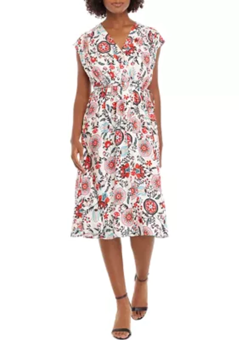 Petite V-Neck Printed Button Down Dress