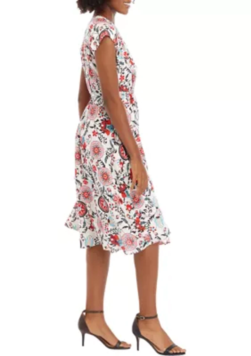 Petite V-Neck Printed Button Down Dress