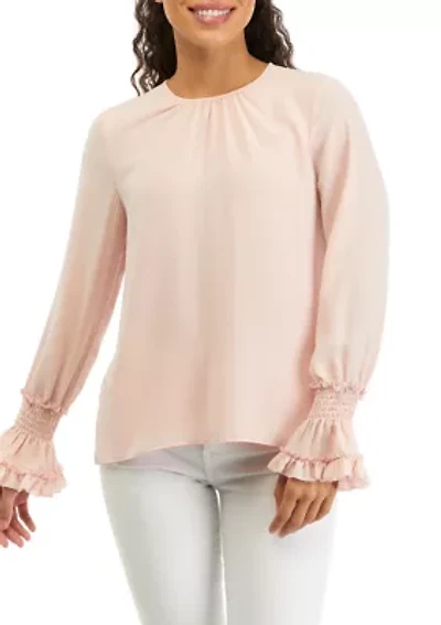 Petite Long Sleeve Smocked Blouse