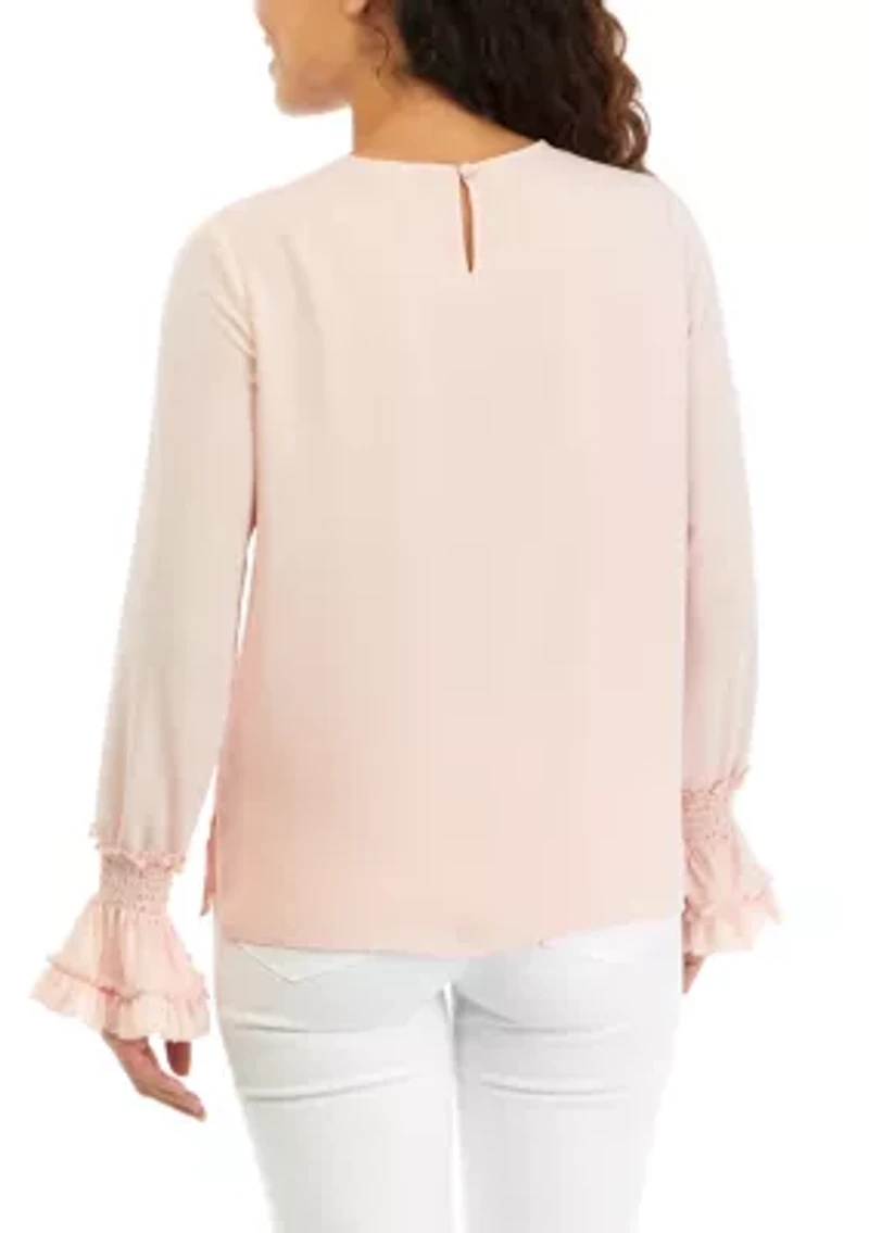 Petite Long Sleeve Smocked Blouse