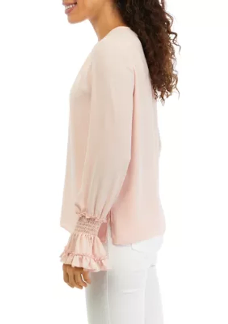 Petite Long Sleeve Smocked Blouse