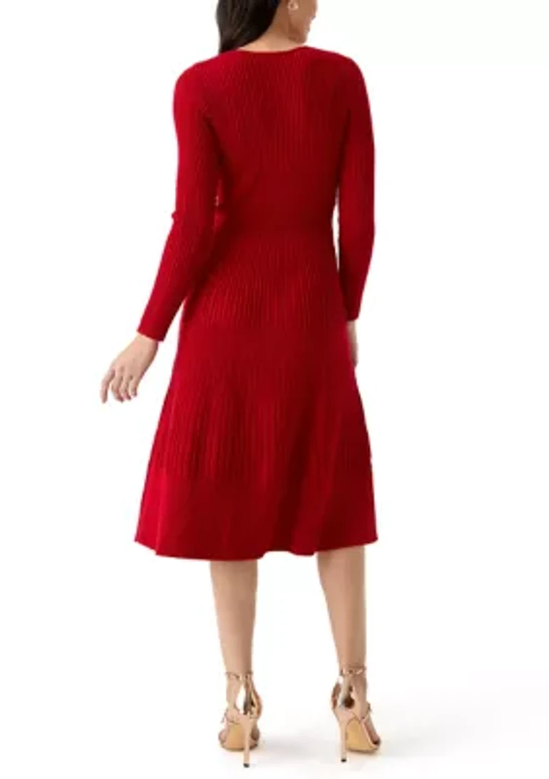 Women's Long Sleeve Ribbed Faux Wrap Dress
