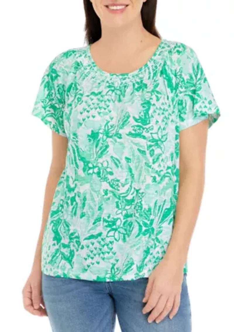 Petite Short Sleeve Smock Neck Printed Top