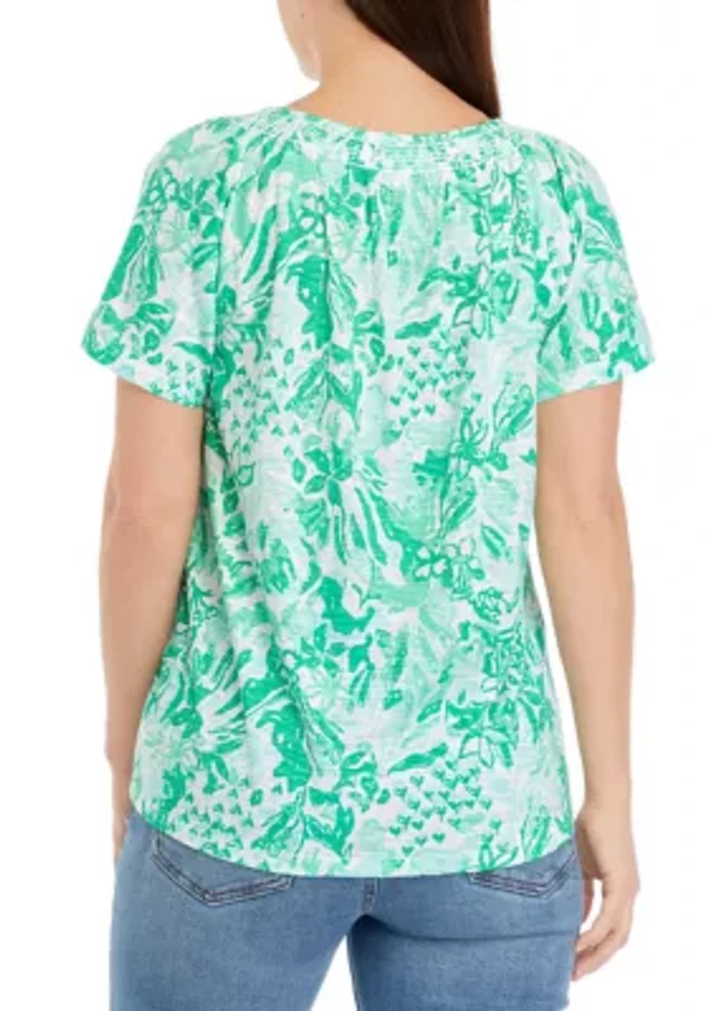 Petite Short Sleeve Smock Neck Printed Top