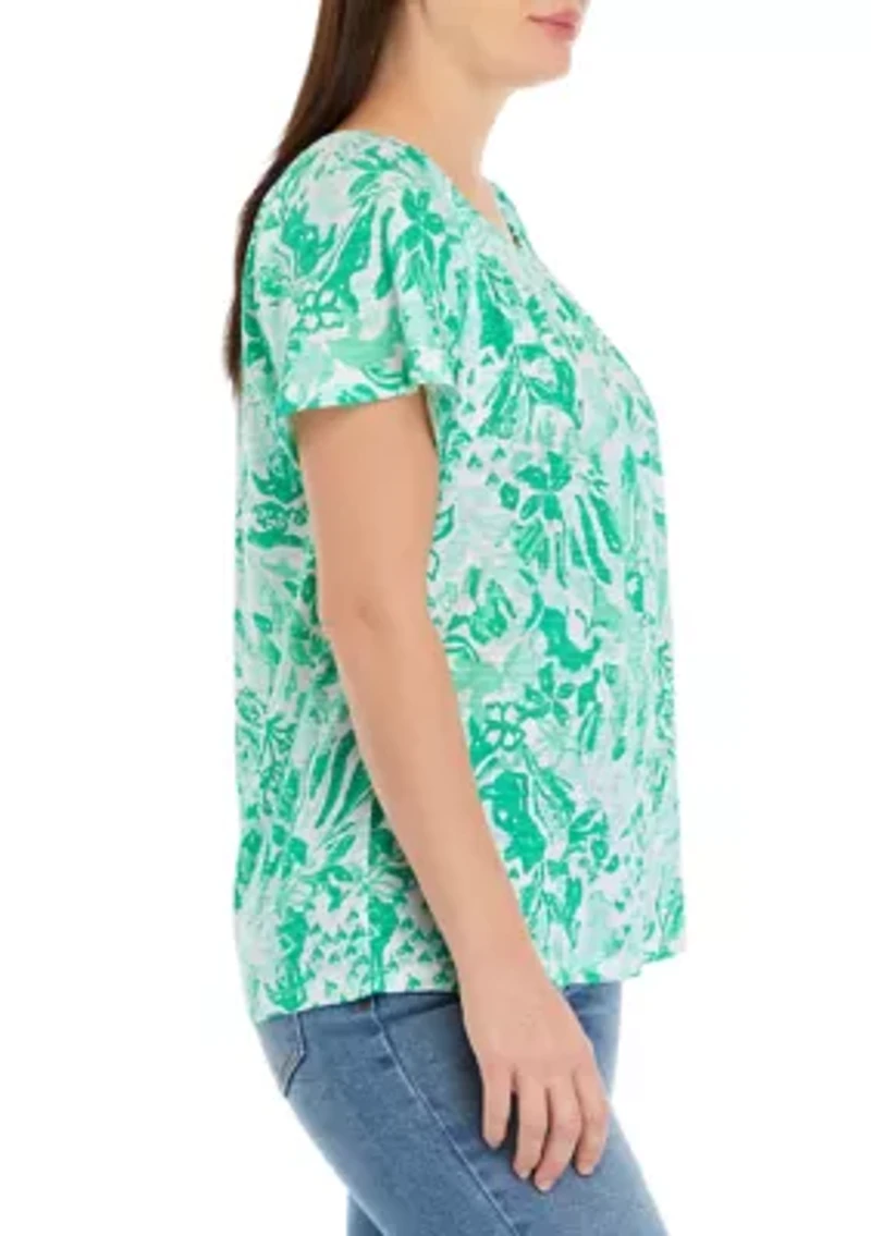Petite Short Sleeve Smock Neck Printed Top