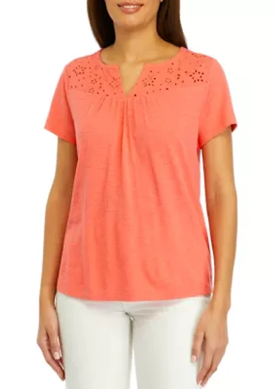 Petite Short Sleeve Eyelet Yoke Top