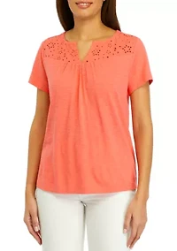 Petite Short Sleeve Eyelet Yoke Top