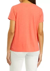 Petite Short Sleeve Eyelet Yoke Top