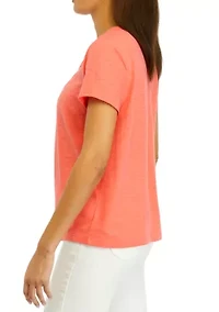 Petite Short Sleeve Eyelet Yoke Top