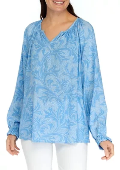 Women's Printed Smocked Shoulder Peasant Top