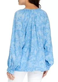 Women's Printed Smocked Shoulder Peasant Top