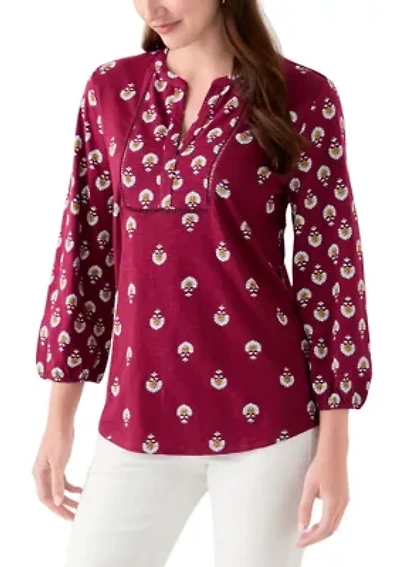 Women's 3/4 Sleeve Printed Top with Trim