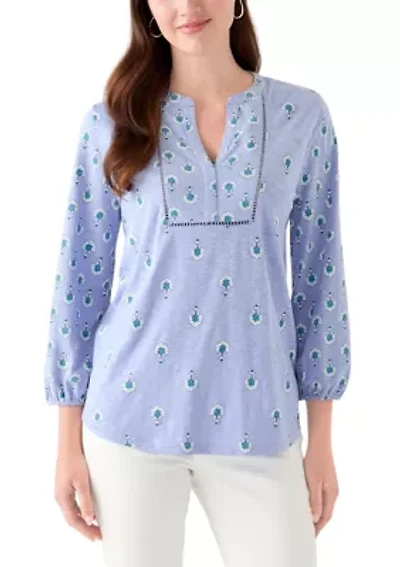Women's 3/4 Sleeve Printed Top with Trim