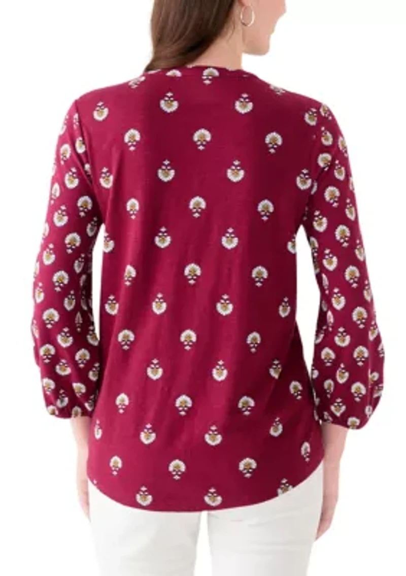 Women's 3/4 Sleeve Printed Top with Trim
