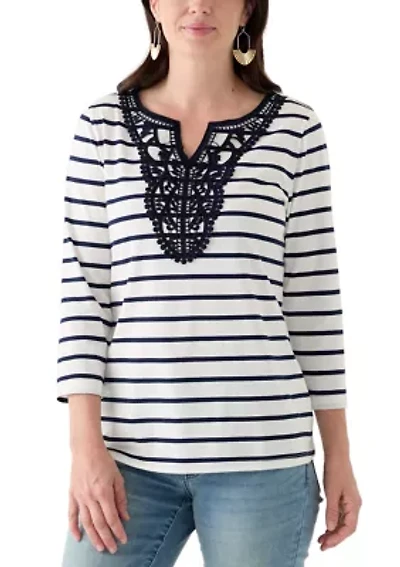 Women's 3/4 Sleeve Split Neck Top with Crochet Yoke