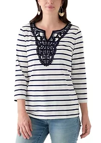 Women's 3/4 Sleeve Split Neck Top with Crochet Yoke