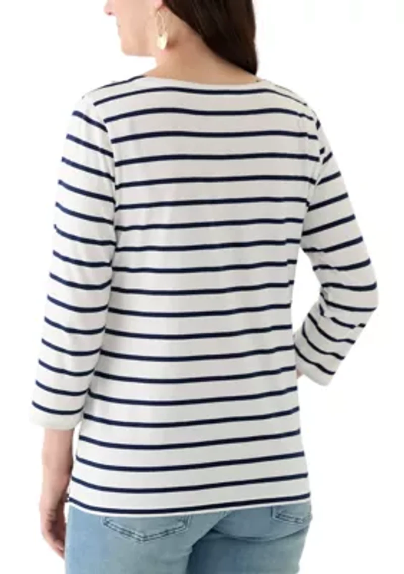 Women's 3/4 Sleeve Split Neck Top with Crochet Yoke