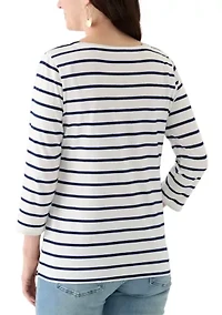 Women's 3/4 Sleeve Split Neck Top with Crochet Yoke