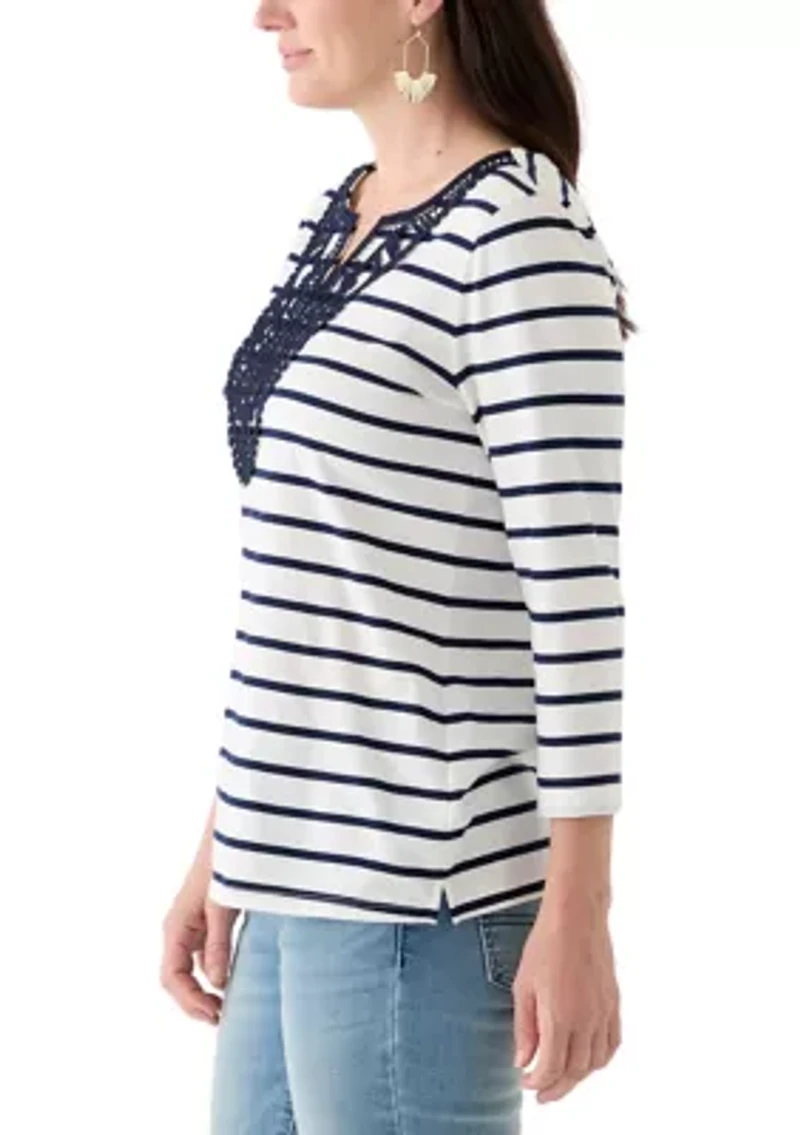 Women's 3/4 Sleeve Split Neck Top with Crochet Yoke