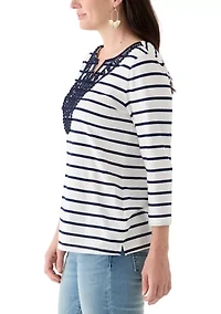 Women's 3/4 Sleeve Split Neck Top with Crochet Yoke