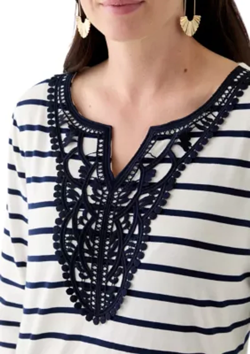 Women's 3/4 Sleeve Split Neck Top with Crochet Yoke