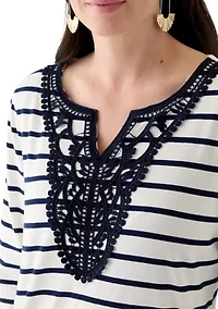 Women's 3/4 Sleeve Split Neck Top with Crochet Yoke