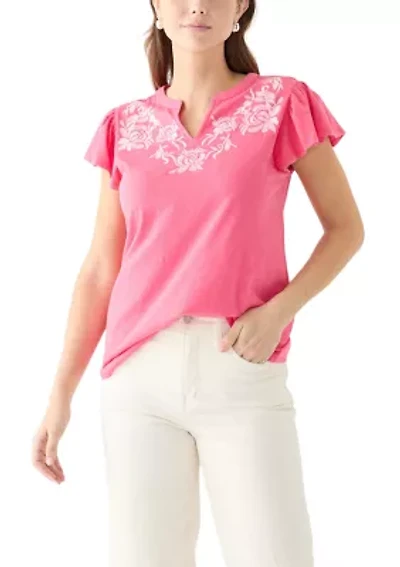 Women's Short Flutter Sleeve Embroidered Top