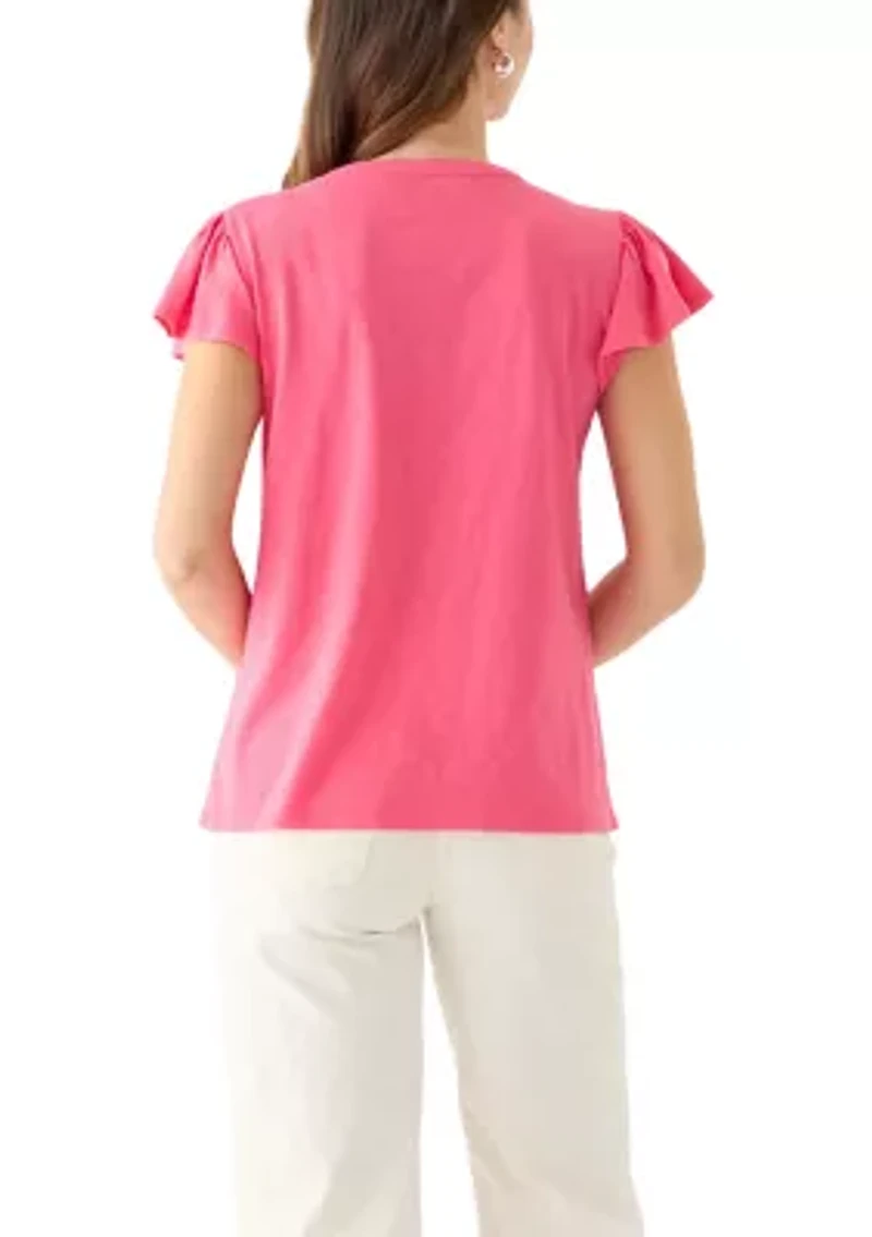 Women's Short Flutter Sleeve Embroidered Top