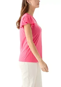 Women's Short Flutter Sleeve Embroidered Top