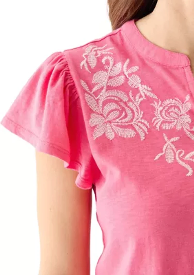 Women's Short Flutter Sleeve Embroidered Top