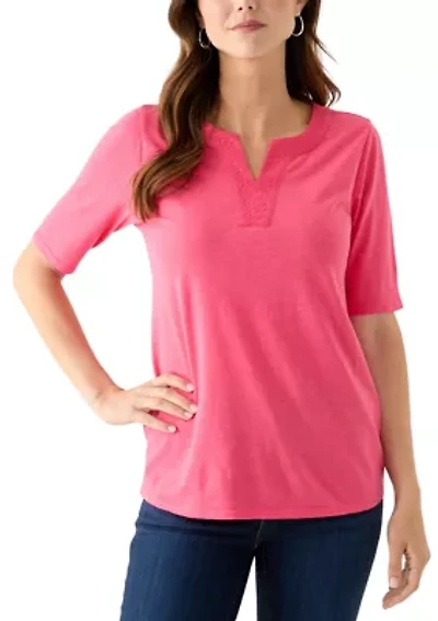 Women's Elbow Sleeve Split Neck Embroidered Top