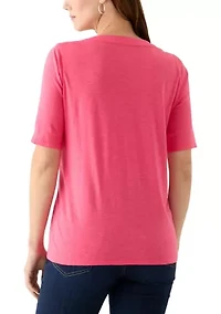 Women's Elbow Sleeve Split Neck Embroidered Top