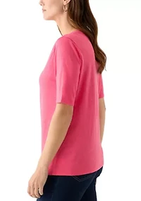 Women's Elbow Sleeve Split Neck Embroidered Top