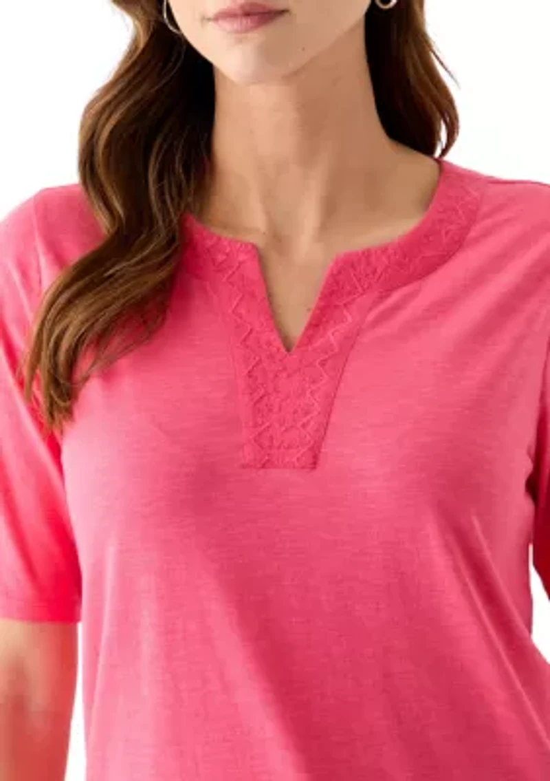 Women's Elbow Sleeve Split Neck Embroidered Top