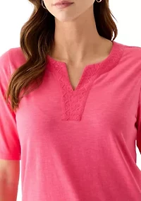 Women's Elbow Sleeve Split Neck Embroidered Top