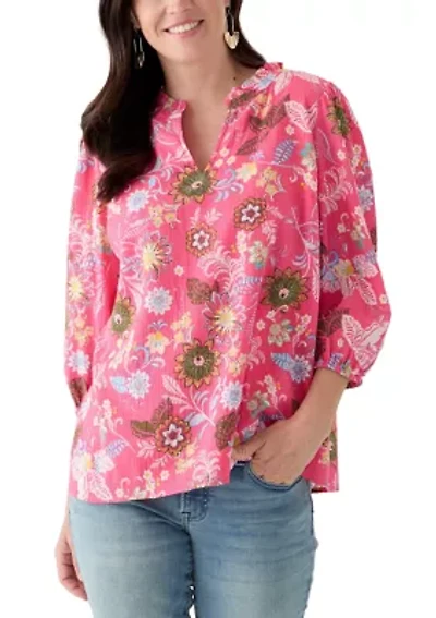 Women's 3/4 Sleeve Texture Woven Peasant Top