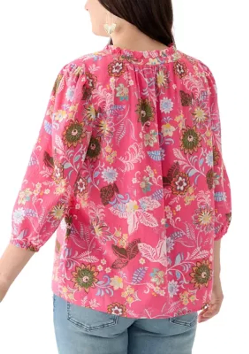 Women's 3/4 Sleeve Texture Woven Peasant Top