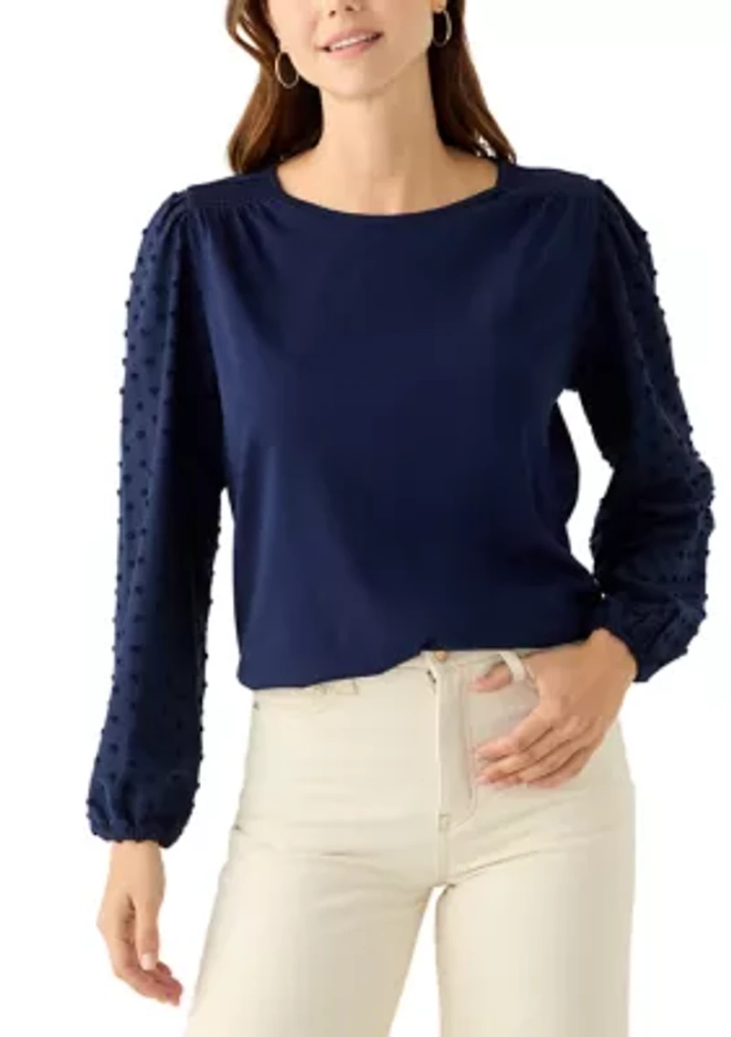 Women's Long Puff Sleeve Texture Knit Solid Sweater